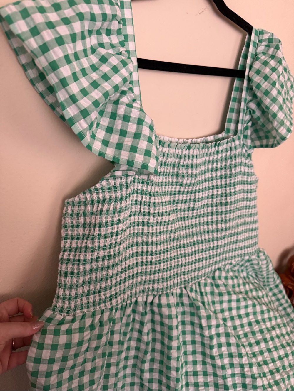 Cute Green Gingham Smocked Dress Flutter Sleeves 2XL